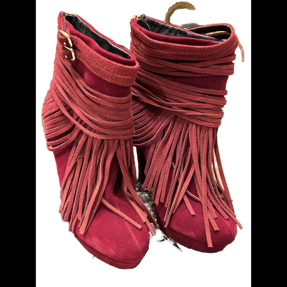 😎❤️Colin Stuart Burgundy Velvet Platform Stiletto Size 5B Zip Fringe Buckles